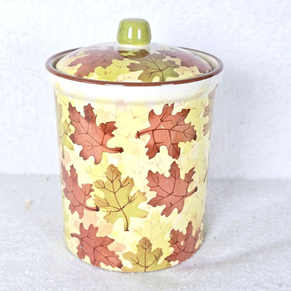Pier 1 Fall Leaves Canister Jar with Lid 7 " Autumn Thanksgiving Discontinued